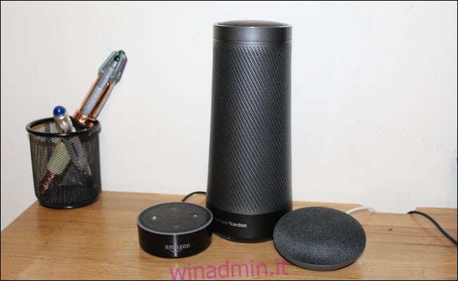 Amazon Echo, Google Home Mini e Harmon Kardon Invoke (altoparlante Cortana)