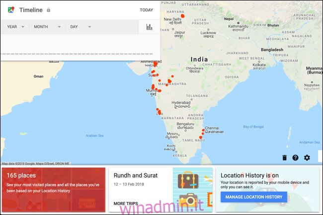 Visualizzazione cronologia di Google Maps per il tuo account che mostra la mappa del tuo paese
