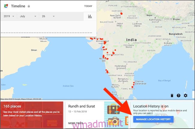 Fai clic sul pulsante Gestisci cronologia delle posizioni dalla pagina della cronologia di Google Maps