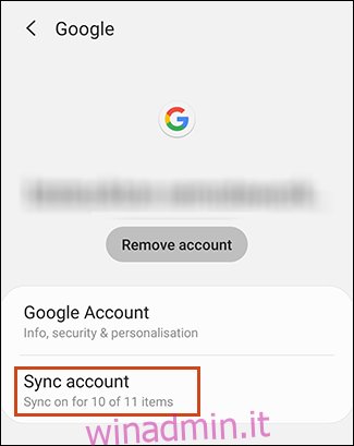 Pulsante di sincronizzazione dell'account nell'area delle impostazioni dell'account Android