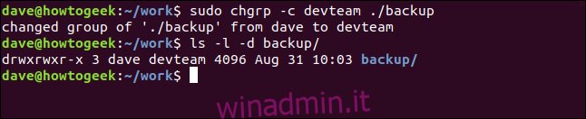 sudo chgrp -c devteam ./backup in una finestra di terminale