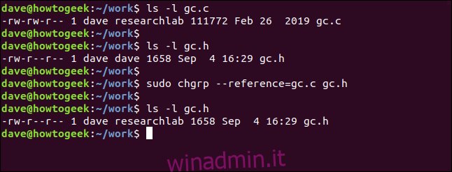 sudo chgrp --reference = gc.c gc.h in una finestra di terminale