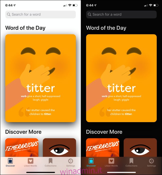 Un confronto tra l'app del dizionario LookUp in modalità luce e modalità scura in iOS 13