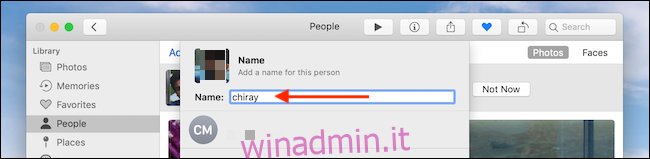 Aggiungi il nome nella casella di testo nell'app Foto sul Mac