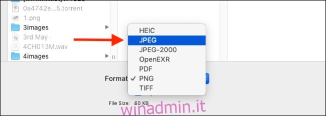 Seleziona il formato di file in cui desideri esportare l'immagine