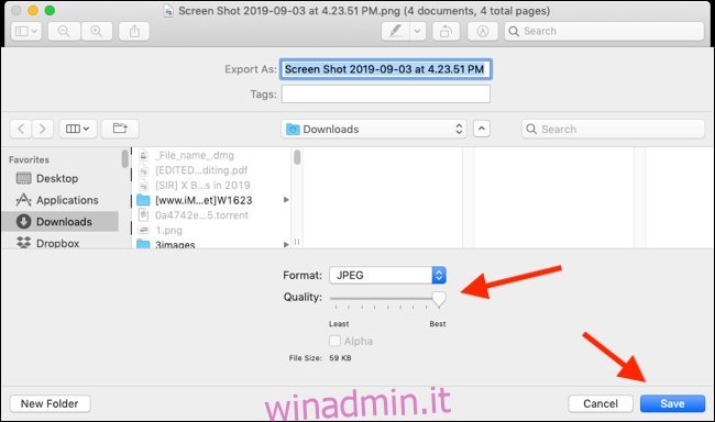 Seleziona la qualità dell'immagine esportata, quindi fai clic su Salva per esportare l'immagine