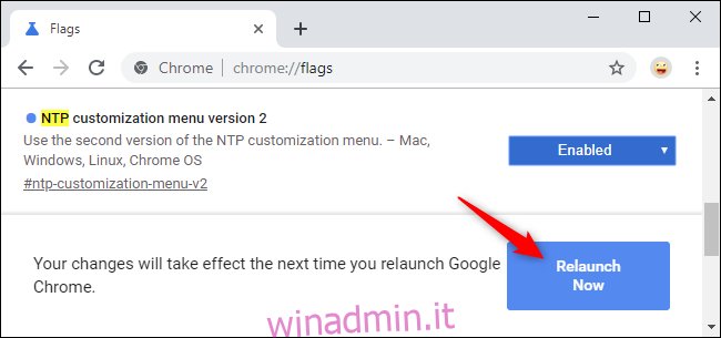 Riavvio di Chrome dopo aver abilitato il nuovo menu di personalizzazione NTP.