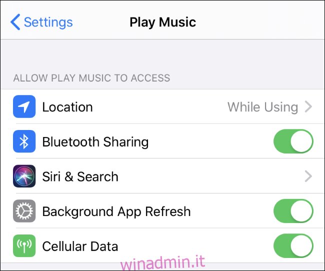 Controllo delle impostazioni Bluetooth di una singola app su un iPhone.