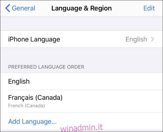 Più lingue nell'elenco Ordine delle lingue preferite su un iPhone.
