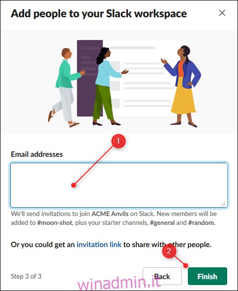 L'opzione per inserire gli indirizzi email delle persone da invitare e il pulsante Fine.