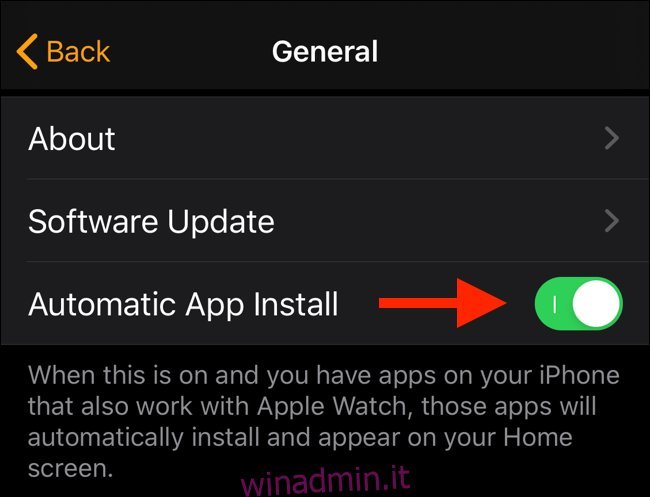 Tocca l'interruttore per installare automaticamente l'app