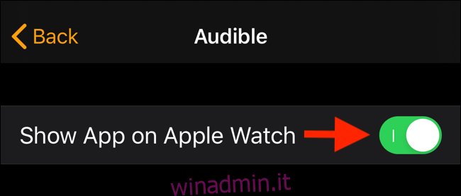 Tocca l'interruttore per disabilitare la visualizzazione dell'app su Apple Watch