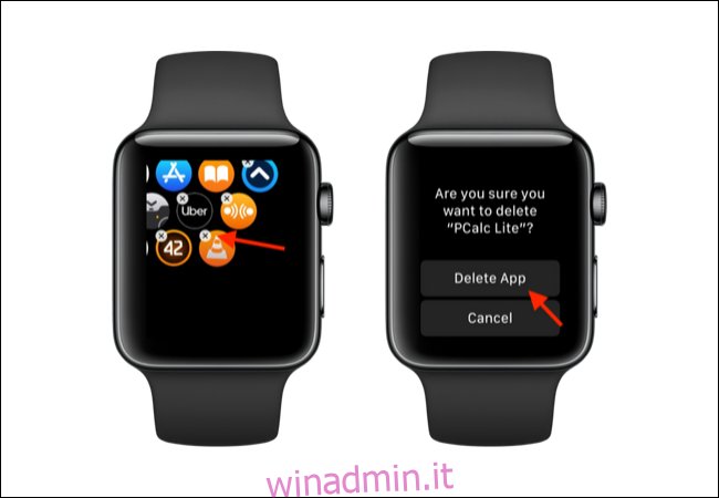 Tocca il pulsante X e quindi il pulsante Elimina per eliminare un'app da Apple Watch