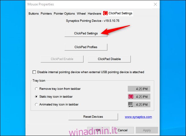 Avvio delle impostazioni di Synaptics ClickPad su un laptop HP.
