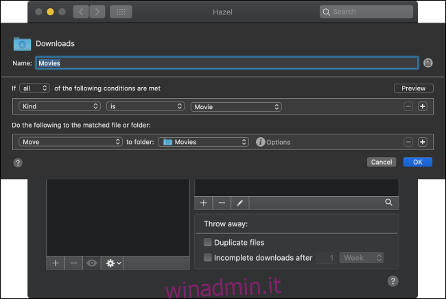 Il menu delle regole Hazel per una cartella Download su un Mac.
