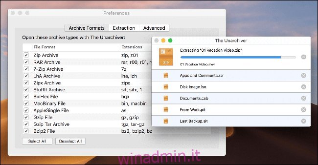 L'Unarchiver che estrae un file ZIP su un Mac.