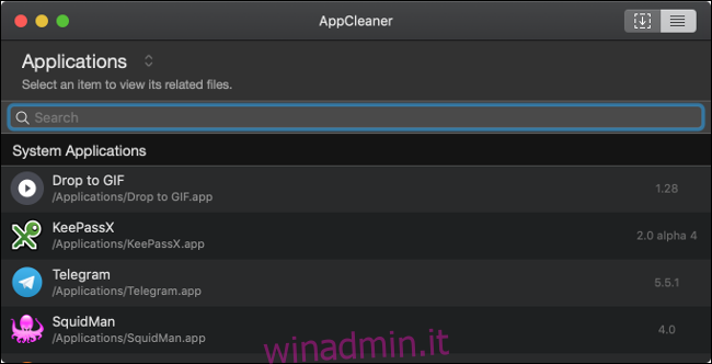 Un elenco di applicazioni in AppCleaner su un Mac.