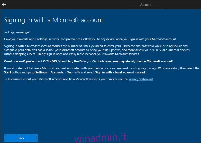 Windows 10 spiega che dovresti creare un account Microsoft e quindi rimuoverlo.