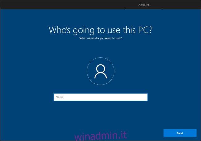 Creazione di un account utente locale nel processo di installazione di Windows 10.