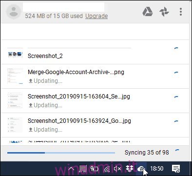 Fare clic sull'icona di Google Backup e sincronizzazione per controllare l'avanzamento della sincronizzazione