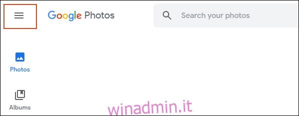 Fai clic sul menu Hamburger in Google Foto
