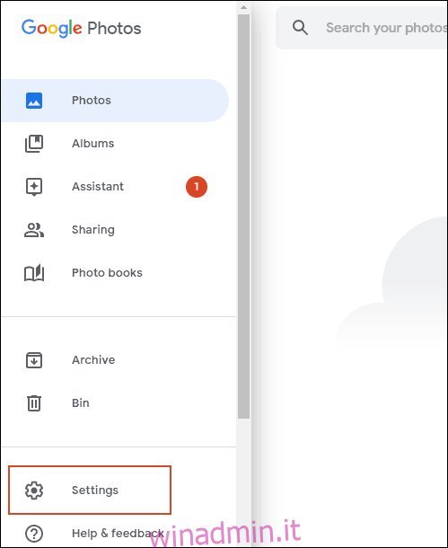 Fai clic su Impostazioni nel menu di Google Foto