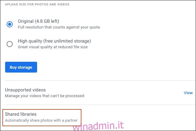 Nell'area delle impostazioni di Google Foto, fai clic su Librerie condivise