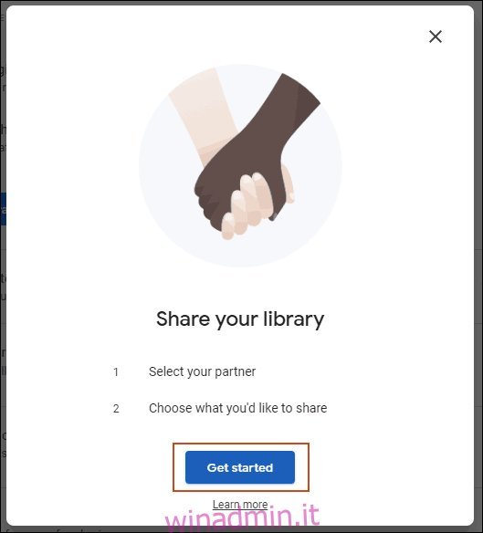 Nella schermata Condividi la tua libreria, fai clic su Inizia