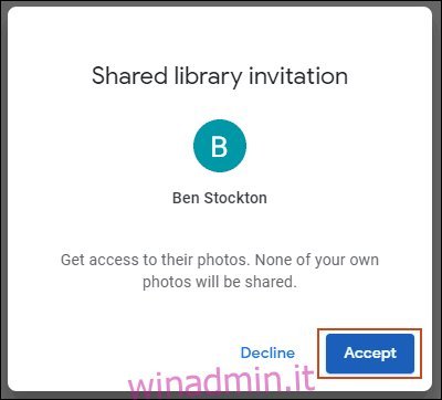 Fare clic su Accetta nell'invito per la libreria condivisa