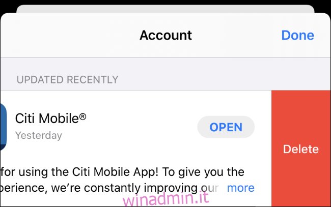 Eliminazione di un'app dall'elenco degli aggiornamenti nell'App Store.