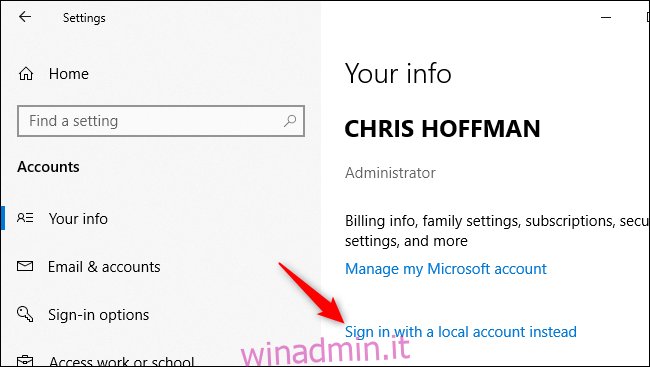 Conversione di un account Microsoft in uno locale in Windows 10.