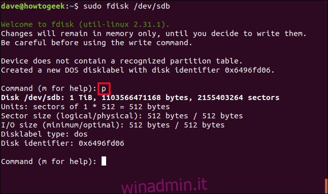 sudo fdisk / dev / sdb in una finestra di terminale