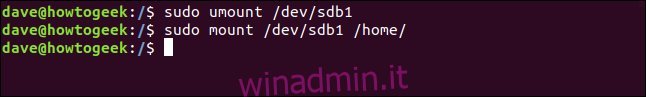 sudo umount / dev / sdb1 in una finestra di terminale