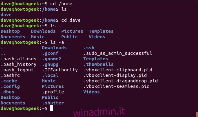 cd / home e altri comandi per testare la directory / home in una finestra di terminale