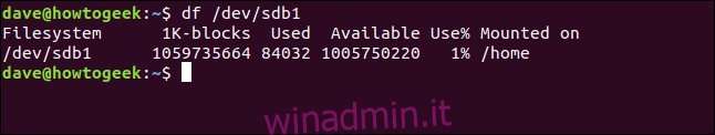 df / dev / sdb1 in una finestra di terminale