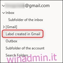 Il riquadro di navigazione di Outlook con una nuova cartella denominata come l'etichetta di Gmail.