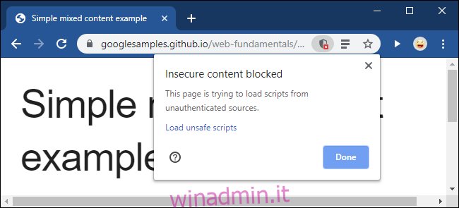 Il messaggio di contenuto non sicuro bloccato in Google Chrome.