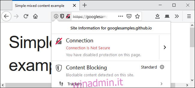 L'avviso di connessione non è sicuro dopo aver sbloccato il contenuto misto in Firefox.