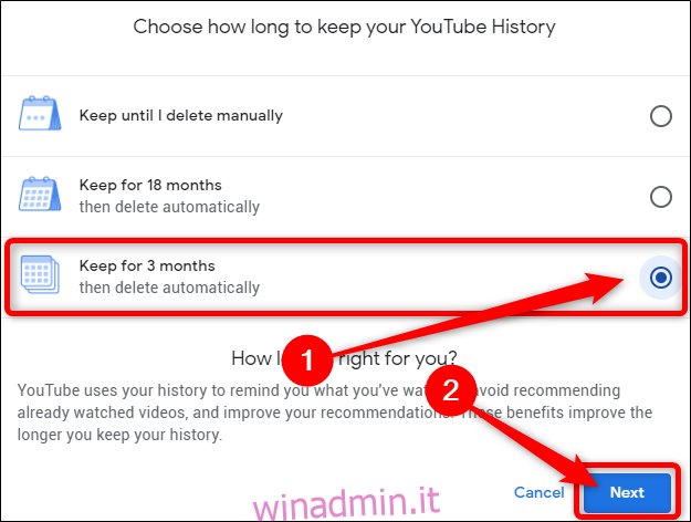 La mia attività su Google Scegli il periodo della cronologia di YouTube Fai clic su Avanti