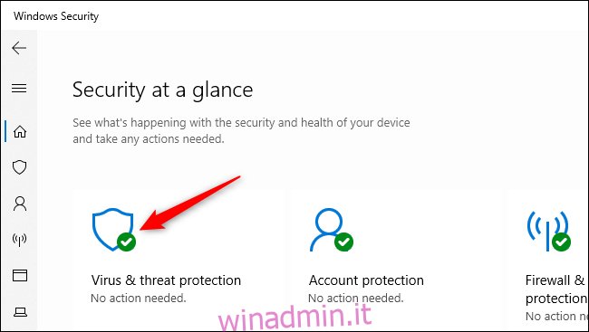 Apertura delle impostazioni di Protezione da virus e minacce in Sicurezza di Windows.