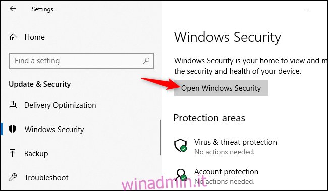 Apertura dell'applicazione di sicurezza di Windows dalle Impostazioni di Windows 10.