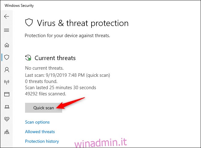 Ricerca manuale di virus e altri malware in Sicurezza di Windows.