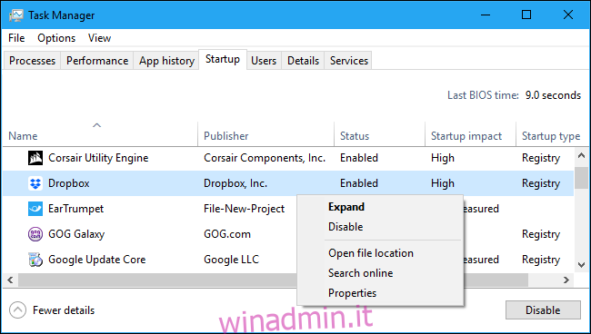 Disattivazione di un'applicazione di avvio nel Task Manager di Windows 10