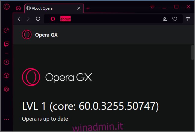 Numero di versione di Opera GX livello 1