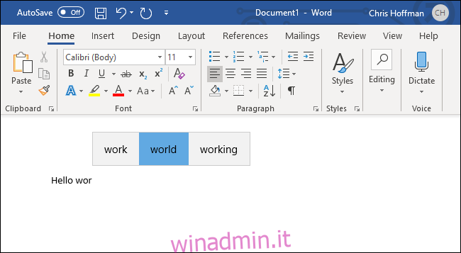 Previsione del testo di Windows 10 per una tastiera hardware in Microsoft Word.