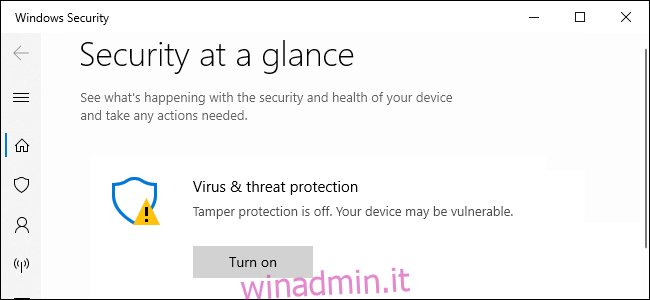 Sicurezza di Windows che consiglia la protezione contro le manomissioni.
