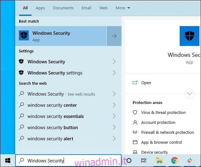 Collegamento alla sicurezza di Windows nel menu Start