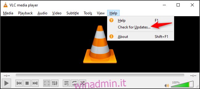 Controllo degli aggiornamenti in VLC su Windows