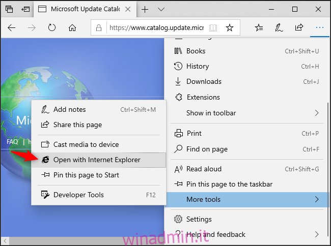 Apertura di una pagina Web in Internet Explorer da Microsoft Edge.