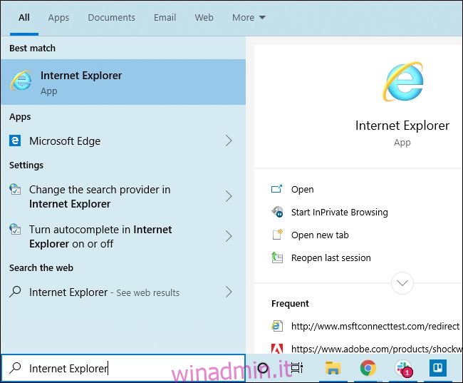 Avvio di Internet Explorer dal menu Start di Windows 10.